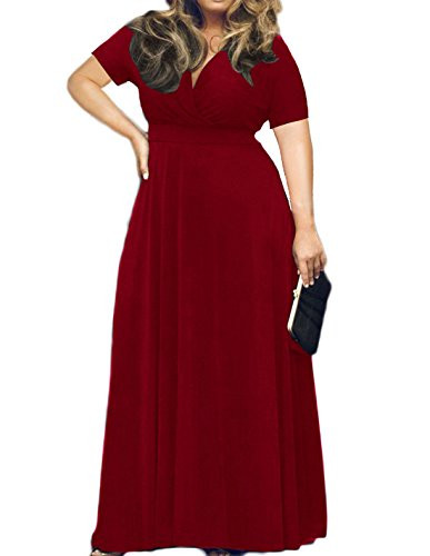 POSESHE Womens Solid V-Neck Short Sleeve Plus Size Evening Party Maxi Dress Wine Red XL