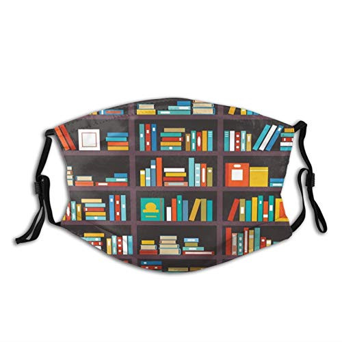 GULTMEE Mouth Scraf Face Cover Anit Dust Shield Library Themed Cartoon with Shelves Full of Books School Study Education Print Comfortable Carbon mask