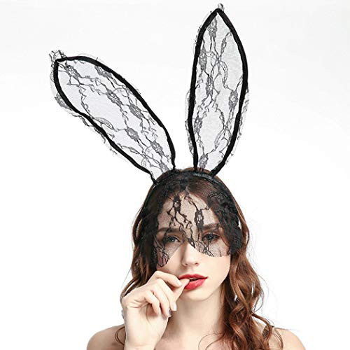 Catery Sexy Lace Bunny Ears Veil Headbands Black Cat Ear Headband Women Halloween Hair Accessories for Nightclubs and Masquerade and Halloween and Christmas