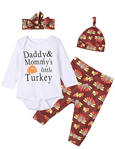 Baby Boys Girls Thanksgiving Outfit Daddy Mommys Little Turkey Clothes Set-3-6 Months- White