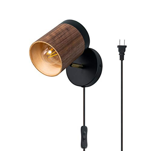 TeHenoo Plug in Wall Lamp Wooden Wall Sconce  Black Wall Light with Cord Rotatable Wall Light Fixture for Bedroom Living Room Bedside Lamp