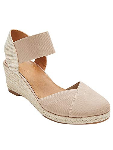 Chellysun Womens Espadrille Wedge Elastic Platform Closed Toe Ankle Strap Slingback Sandals Khaki