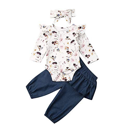 3PCS Infant Toddler Baby Girl Clothes Ruffle Romper Bodysuit Floral Halen Pants Headband Outfits -V Floral 05  12-18 Months- 3PCS Infant Toddler Baby Girl Clothes Ruffle Romper Bodysuit Floral Halen Pants Headband Outfits -V Floral 05  12-18 Months-
