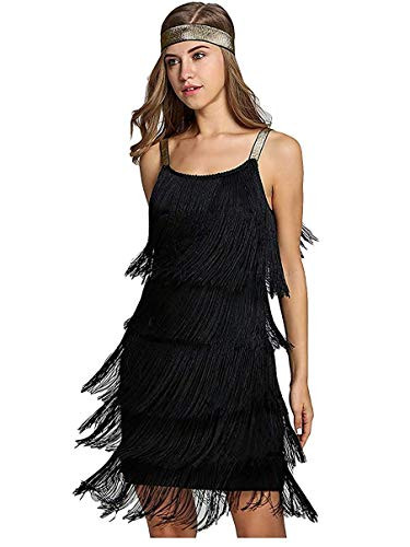 LVOW Women Sexy Open Back Skirt Gatsby Cocktail Party Fringed Flapper Costume Dress -XXL  X02- Black-