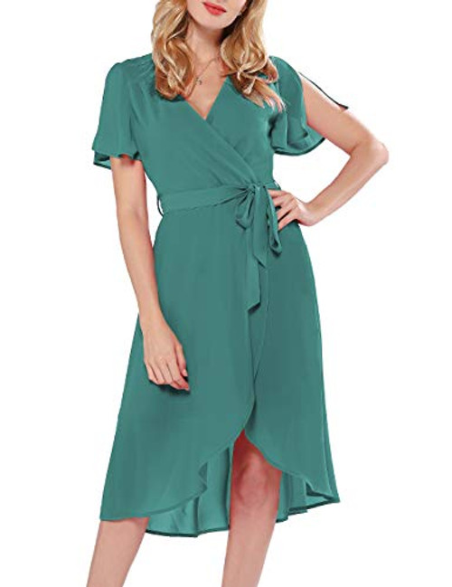 Azalosie Women Wrap Midi Dress V Neck Short Sleeve Tie Waist High Low Flowy Slit Dress Summer Beach Wedding Maxi Dress