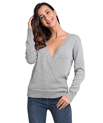 JTANIB Womens Deep V-Neck Sexy Knitted Sweater Long Sleeve Wrap Front Loose Pullover Jumper Tops  Grey XL