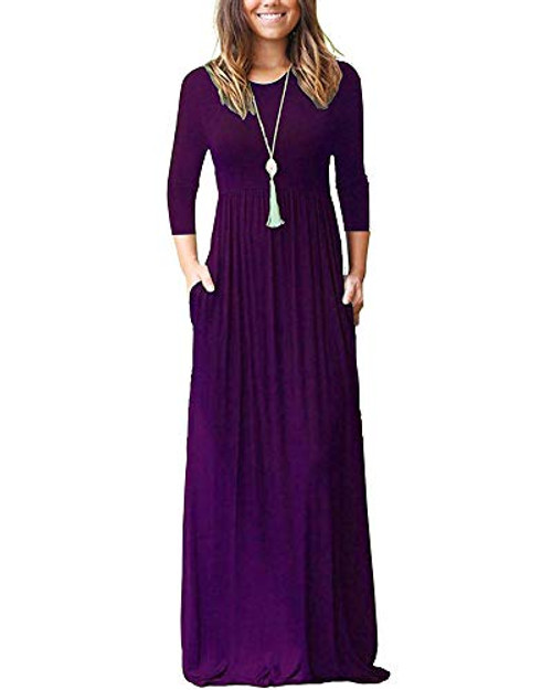 WNEEDU Womens 3-4 Sleeve Loose Plain Casual Long Maxi Dresses with Pockets -XL  Purple-