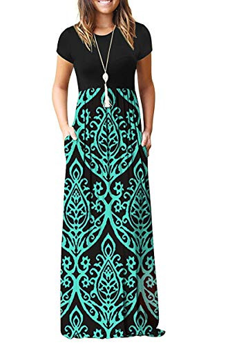 MISFAY Women Short Sleeve Loose Plain Maxi Dresses Casual Long Dresses Pockets -Black Green  L-