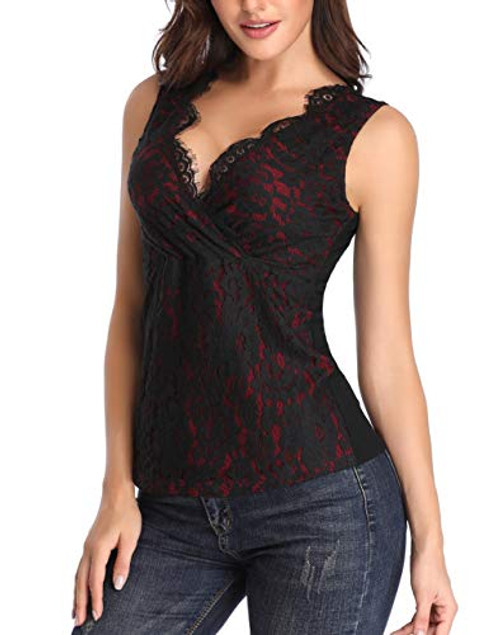 Floral Lace Tops for Women Sexy Deep V Neck Sleeveless Shirts Summer Low Cut Tank Camis