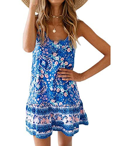 Womens Boho Floral Printed Dress Summer Cami Sleeveless Adjustable Strap Beach Mini Dress with Pockets -L  Light Blue-