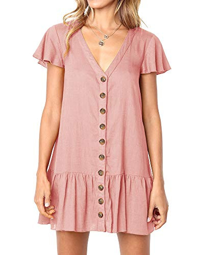 Chuanqi Womens V Neck Button Down Ruffles Casual Loose Swing Short Mini T-Shirt Dress-Medium  ZZZ-Pink-