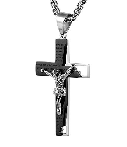 HZMAN Mens Stainless Steel Cross Crucifix Bible Prayer Pendant Necklace 22-2 Chain  Black Silver