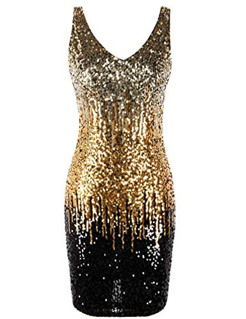 PrettyGuide Womens Sequin Cocktail Dress V Neck Bodycon Glitter Party Dress M Light Gold-Gold-Black