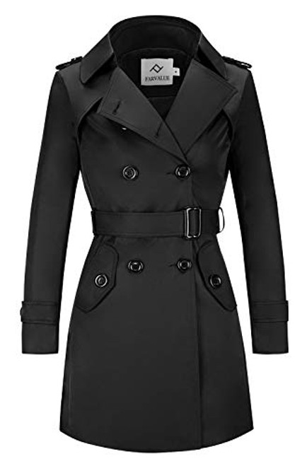 FARVALUE Womens Double Breasted Trench Coat Classic Belted Lapel Overcoat Black Medium