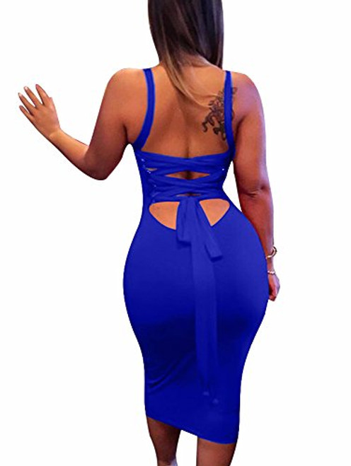 BEAGIMEG Womens Sexy Lace Up Backless Bodycon Midi Party Club Dress Royal Blue