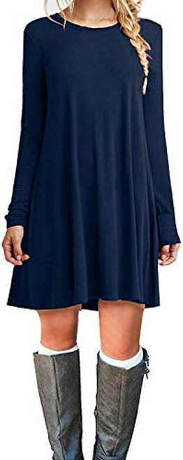 MOLERANI Womens Casual Plain Long Sleeve Simple T-Shirt Loose Dress -S  Navy Blue-