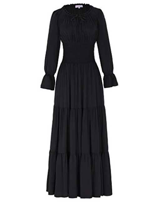 Belle Poque Gypsy Boho Renaissance Peasant Maxi Dress Smocked Waist Black Size L