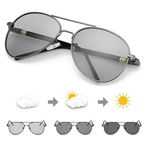 TJUTR Photochromic Pilot Sunglasses for Men with Polarized Lens for Driving - UV400 Reduce Eyes Fatigue -Metalgun Frame-Grey Photochromic Lens-