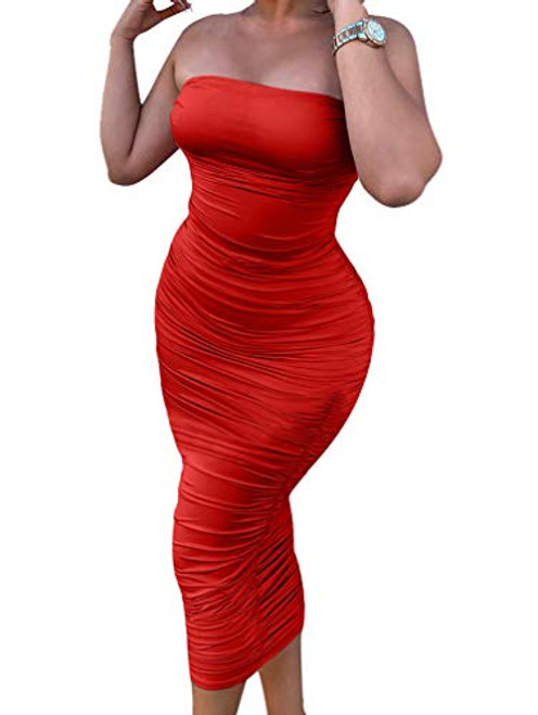LAGSHIAN Women Sexy Bodycon Tube Top Ruched Strapless Party Midi Club Dress Red LAGSHIAN Women Sexy Bodycon Tube Top Ruched Strapless Party Midi Club Dress Red