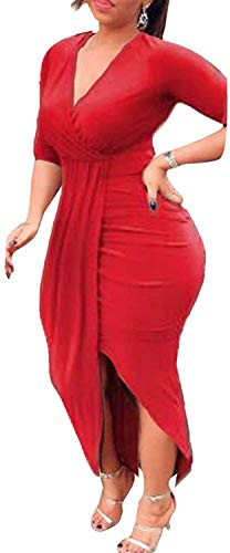 Club Dresses for Women Long Sleeve Date Night Dresses Bodycon Asymmetrical Hem Midi Dress Red 2XL