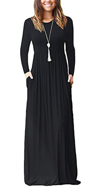 AUSELILY Women Long Sleeve Loose Plain Plus Size Maxi Dresses Casual Long Dresses with Pockets -3XL  Black-