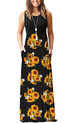AUSELILY Womens Summer Sleeveless Loose Plain Maxi Dress Casual Long Dress with Pockets -XL  Sunflowers-