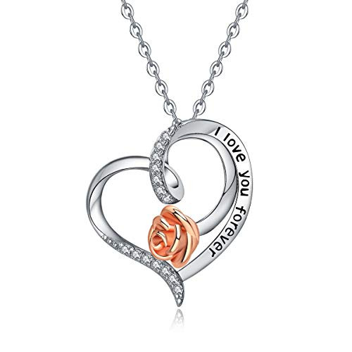 INFUSEU Engraved I Love You Forever Heart Rose Flower Necklace Sterling Silver Jewelry for Her Birthday Love Gift
