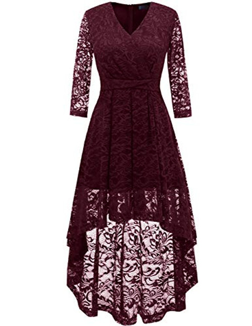 DRESSTELLS Womens Vintage Floral Lace 3-4 Sleeves Dress Hi-Lo Cocktail Party Swing Dress Burgundy M DRESSTELLS Womens Vintage Floral Lace 3-4 Sleeves Dress Hi-Lo Cocktail Party Swing Dress Burgundy M