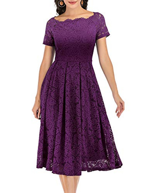DRESSTELLS Womens Prom Vintage Floral Lace Tea Dress Boat Neck Cocktail Swing Dress Grape XL DRESSTELLS Womens Prom Vintage Floral Lace Tea Dress Boat Neck Cocktail Swing Dress Grape XL