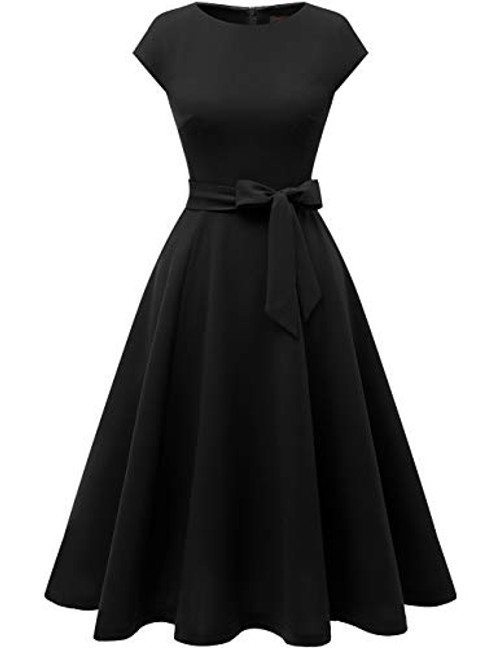 DRESSTELLS Womens Prom Tea Dress Vintage Swing Cocktail Party Dress with Cap-Sleeves Black L