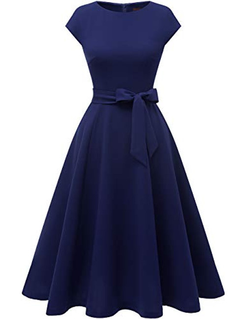 DRESSTELLS Womens Prom Tea Dress Vintage Swing Cocktail Party Dress with Cap-Sleeves Navy L