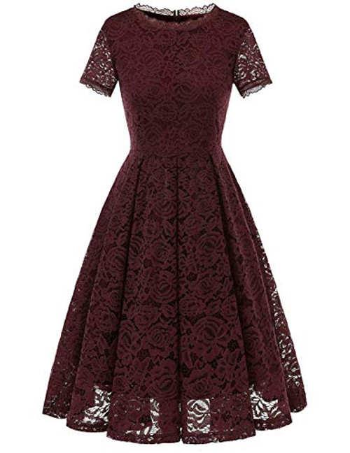 DRESSTELLS Womens Bridesmaid Elegant Tea Dress Floral Lace Cocktail Formal Swing Dress Burgundy M