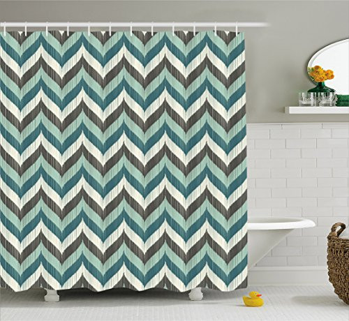 Ambesonne Aqua Shower Curtain by, Wavy Whale Tale Shapes Chevron Zig Zag Image Grunge Stripes, Fabric Bathroom Decor Set with Hooks, 84 Inches Extra Long, Black Turquoise White and Petrol Blue