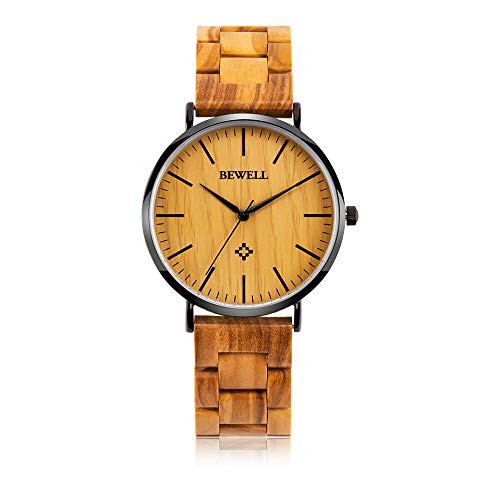 BEWELL Ultra Thin Wooden Watches Fashion Minimalist Wood Watches for Men-Women Analog Quartz Wrist Watches