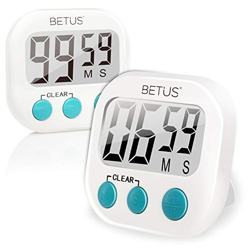 Betus 2 Pack Digital Kitchen Timer - Big Digits  Simple Operation and Loud Alarm - Magnetic Backing or Table Stand - Stopwatch Count Up and Down for C