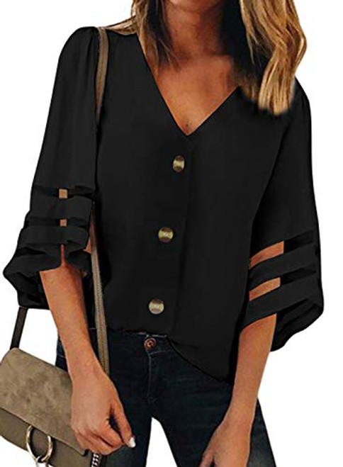 BLENCOT Women Black Casual 3 4 Sleeve Bell Shirt Button Down Sleeve Lace Patchwork Chiffon Blouse Casual Loose Tops M