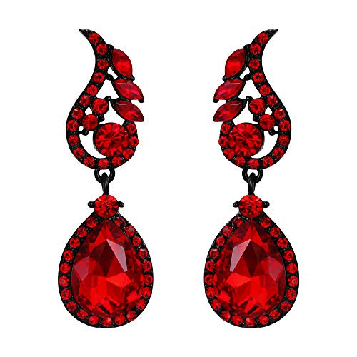 Flyonce Wedding Bridal Rhinestone Crystal Teardrop Pierced Dangle Earrings for Women Red Black-Tone