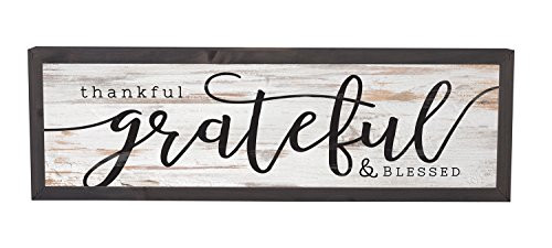 Thankful Grateful Blessed Grey White 25 x 8 Inch Solid Pine Wood Farmhouse Frame Wall Plaque
