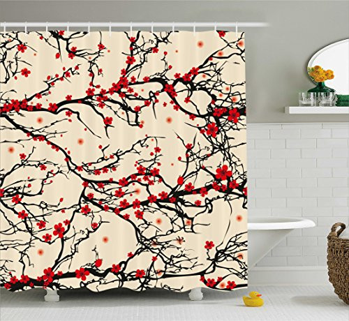 Ambesonne Japanese Shower Curtain by, Asian Nature Cherry Blossom Sakura Branch Flowers Blossoms Artwork Print, Fabric Bathroom Decor Set with Hooks, 84 Inches Extra Long, Red and Dark Brown Ambesonne Japanese Shower Curtain by, Asian Nature Cherry Blossom Sakura Branch Flowers Blossoms Artwork Print, Fabric Bathroom Decor Set with Hooks, 84 Inches Extra Long, Red and Dark Brown