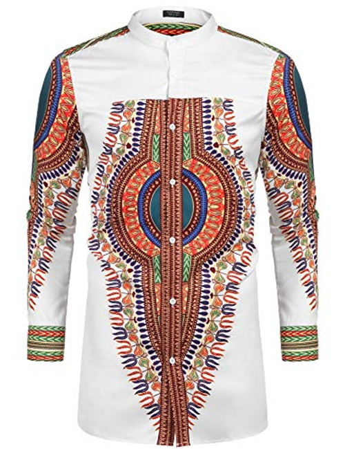 COOFANDY Mens African Dashiki Print Shirt Long Sleeve Button Down Shirt Bright Color Tribal Top Shirt -M  White-