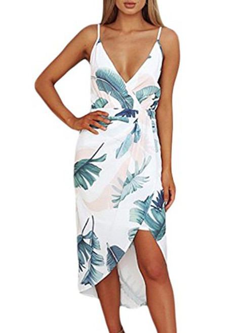 Womens Sexy Wrap Deep V Neck Backless Spaghetti Strap Sleeveless Leave Print Split Summer Beach Casual Maxi Dress White S 4 6