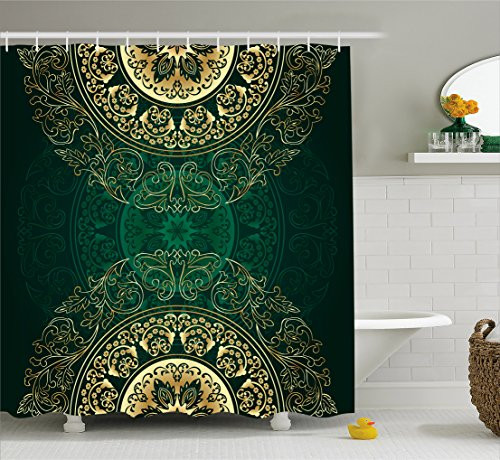 Lunarable Hunter Green Shower Curtain, Retro Oriental Mandala Style Floral Circle Antique Swirls Pattern, Fabric Bathroom Decor Set with Hooks, 84 Inches Extra Long, Yellow and Hunter Green