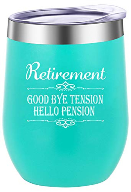 Pufuny Retirement Gifts Stemless Wine Glass for Women Goodbye Tension Hello Pension Funny Wine Gifts for Retiring Friends Wife Mom Grandma Coworkers T