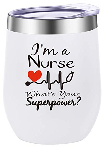 Pufuny Im a Nurse Whats Your Superpower Wine Tumbler Funny Nurse Gifts Nurses Week Graduation Birthday Gift for RN ER Nurse New Nurse Christmas Gift