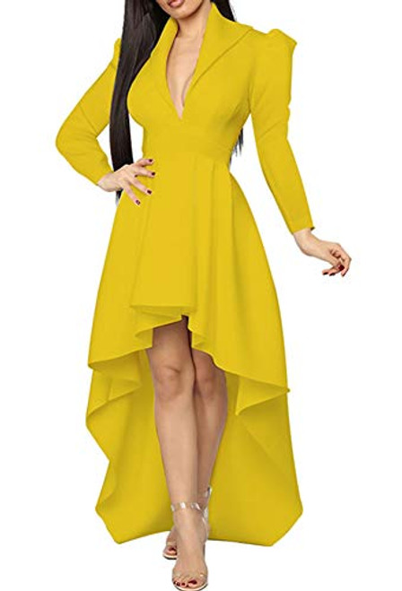ECHOINE Womens High Low Cocktail Dress - Sexy Elegant Deep V Neck Long Sleeve Dress for Wedding Guest Yellow ECHOINE Womens High Low Cocktail Dress - Sexy Elegant Deep V Neck Long Sleeve Dress for Wedding Guest Yellow