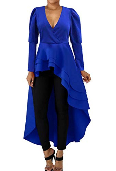 Womens High Low Cocktail Dress - Sexy Elegant Deep V Neck Ruffle Long Sleeve Maxi Evening Gown Dress for Wedding Guest Royal Blue Womens High Low Cocktail Dress - Sexy Elegant Deep V Neck Ruffle Long Sleeve Maxi Evening Gown Dress for Wedding Guest Royal Blue