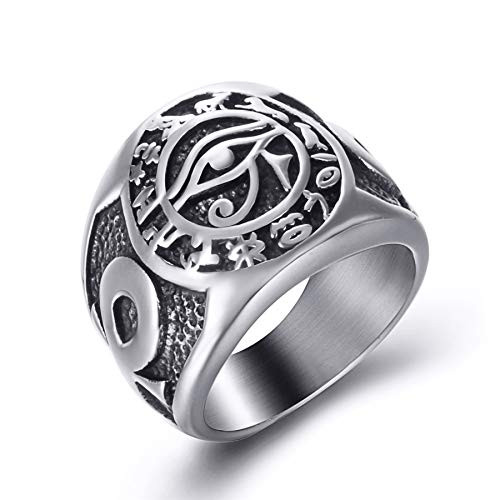 Men Stainless Steel Rings Egyptian Eye of Horus Cross of Life Ankh Hieroglyphics Text Symbol Vintage Size 9