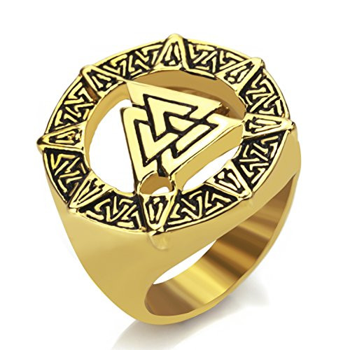 Elfasio Mens Stainless Steel Ring Gold Valknut Scandinavn Odin Symbol Norse Viking Biker Jewelry Size 9 Elfasio Mens Stainless Steel Ring Gold Valknut Scandinavn Odin Symbol Norse Viking Biker Jewelry Size 9