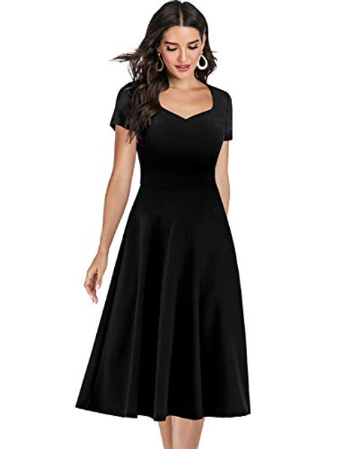 Bridesmay Womens V-Neck Vintage Tea Dress Prom Party Swing Cocktail Bridesmaid Midi Dress Black S