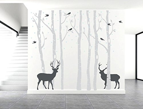 Fymural Forest and Deers Tree Wall Stickers Art Mural Wallpaper for Bedroom Kid Baby Nursery Vinyl Removable DIY Decals 82 7x70 9 Grey-Black